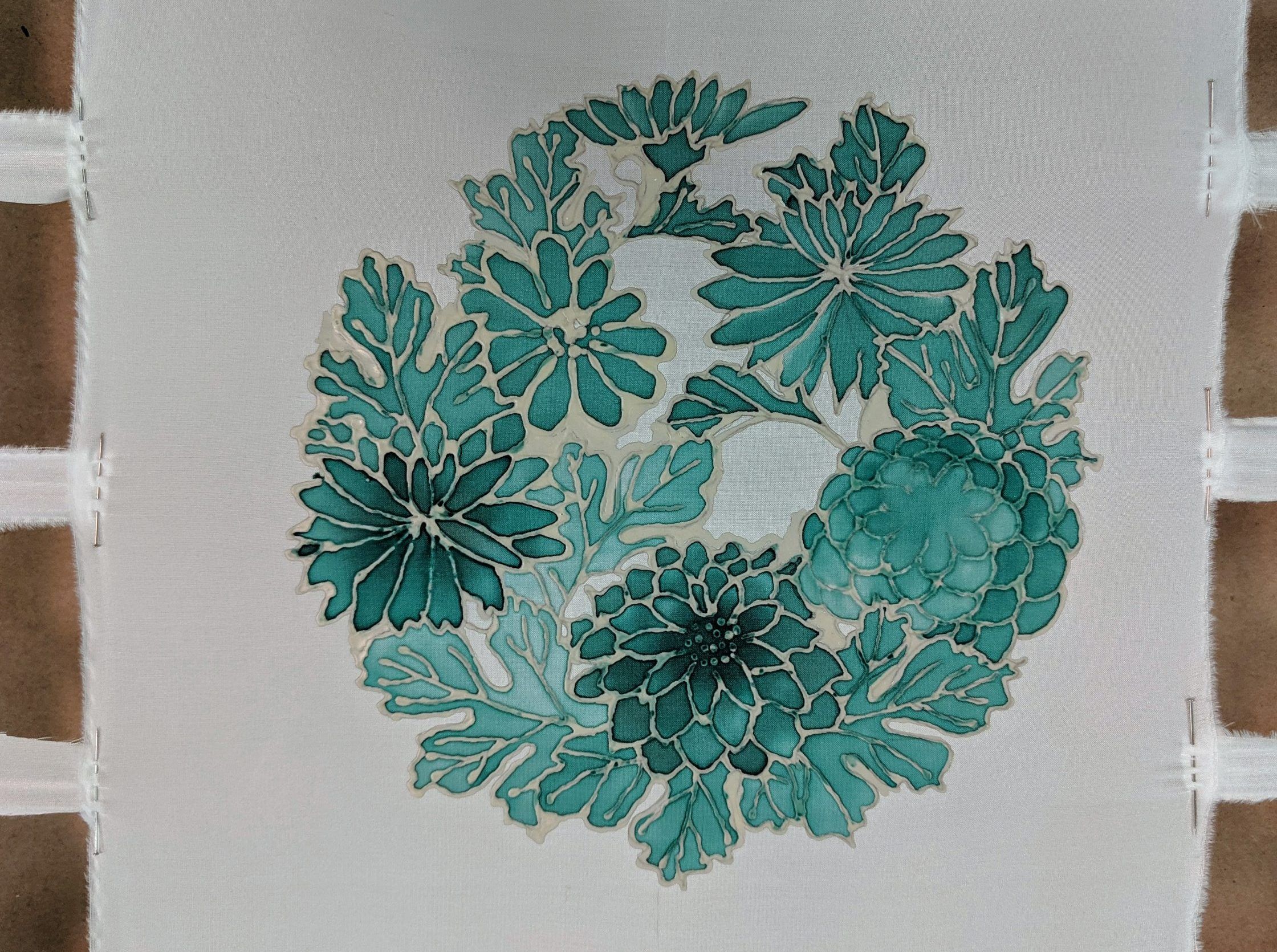 Image is of green chrysanthemums painted on silk.